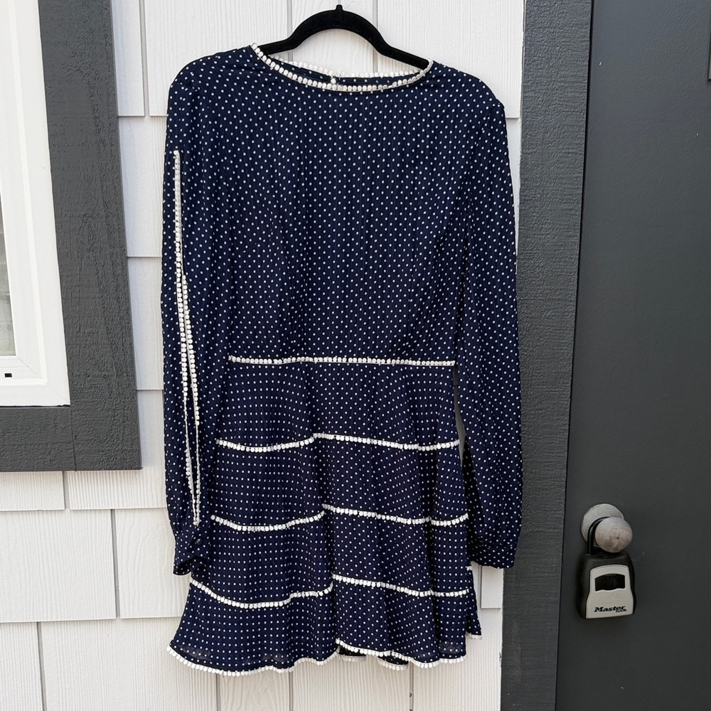 Navy Polka Dot Mini Dress with Contrast Trim